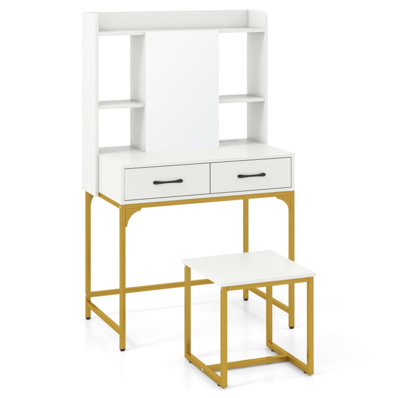 White Dressing Table with Mirror Stool and 2 Drawers USB & AC Charging for Storage Organizer